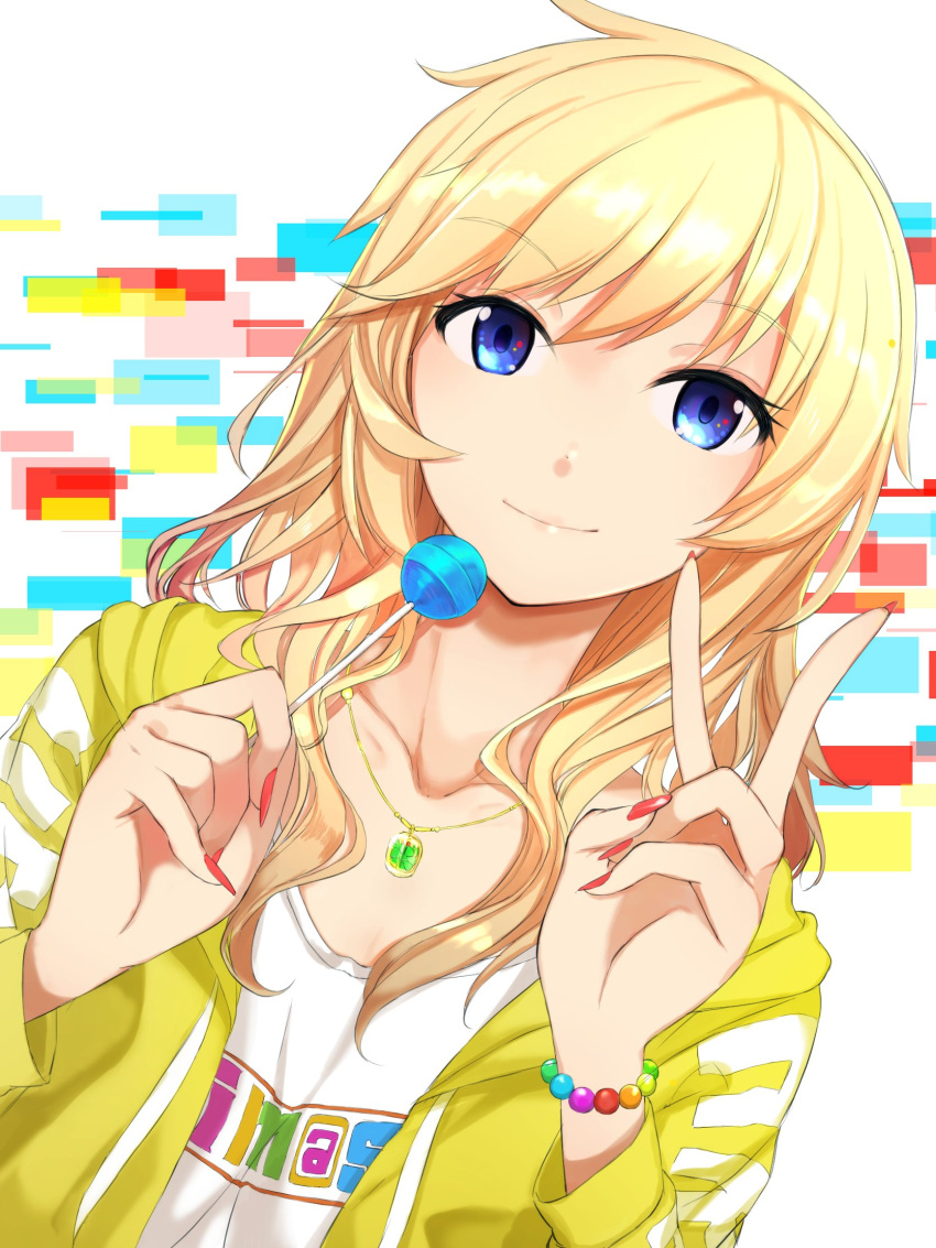 1girl bangs blonde_hair blue_eyes candy closed_mouth collarbone copyright_name dutch_angle eyebrows_visible_through_hair food highres hood hood_down hooded_jacket idolmaster idolmaster_cinderella_girls jacket jewelry lollipop long_hair long_sleeves looking_at_viewer nail_polish necklace ootsuki_yui open_clothes open_jacket print_shirt red_nails shiny shiny_hair shirt smile solo suzumo70 upper_body v white_shirt yellow_jacket