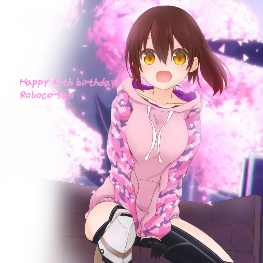 1girl :d android brown_hair camouflage character_name collarbone feet_out_of_frame gradient_hair happy_birthday highres hololive hood hoodie light_blush mechanical_arms mechanical_legs multicolored_hair no_pants nogi_(nogi238) open_mouth pink_hoodie ponytail roboco-san sitting smile solo virtual_youtuber yellow_eyes