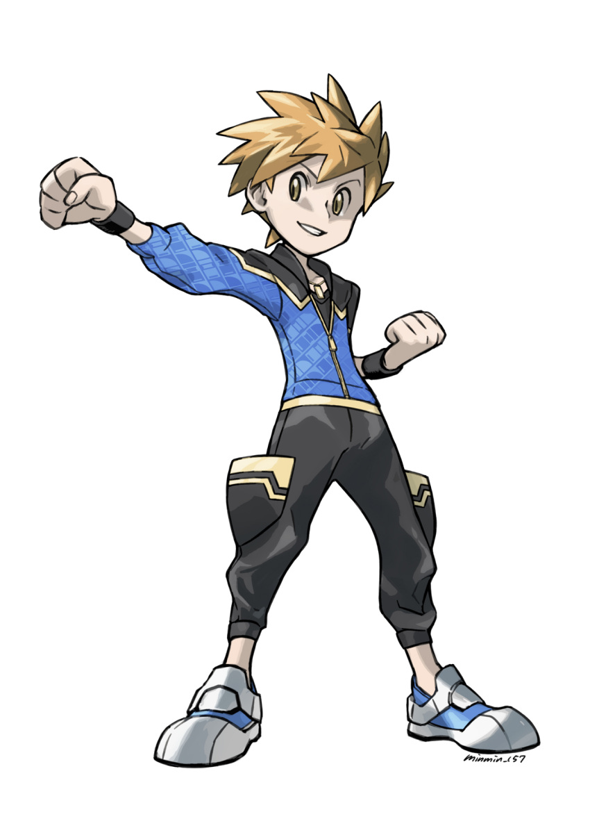 1boy artist_name bangs black_pants black_wristband blue_oak clenched_hands clenched_teeth donnpati full_body highres jacket legs_apart looking_to_the_side male_focus orange_hair pants parted_lips pokemon pokemon_(game) pokemon_masters_ex shoes short_hair simple_background smile solo spiky_hair standing teeth white_background zipper zipper_pull_tab