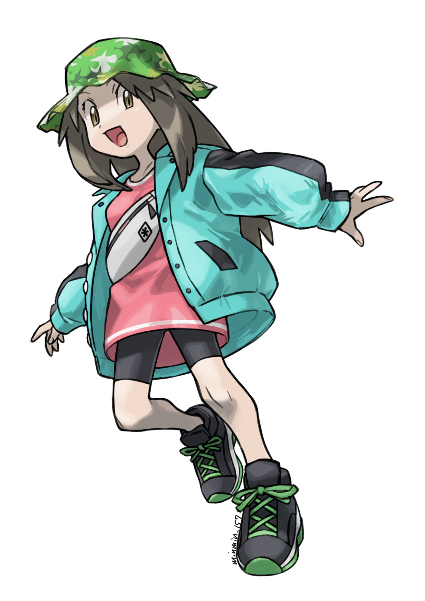 1girl :d artist_name bike_shorts brown_eyes brown_hair buttons coat donnpati from_below full_body green_coat green_headwear hat highres knees leaf_(pokemon) long_hair long_sleeves looking_at_viewer open_clothes open_coat open_mouth outstretched_arms pink_shirt pokemon pokemon_(game) pokemon_masters_ex shirt shoes simple_background smile sneakers solo spread_fingers tongue white_background