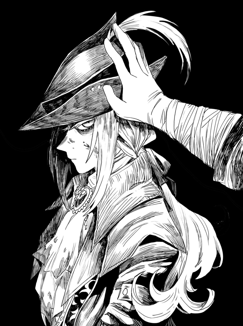 1girl angry bangs black_background bloodborne coat commentary from_side greyscale hand_on_another's_head hand_on_headwear hat highres kuropin lady_maria_of_the_astral_clocktower long_hair looking_at_viewer monochrome ponytail profile solo_focus the_old_hunters tricorne upper_body