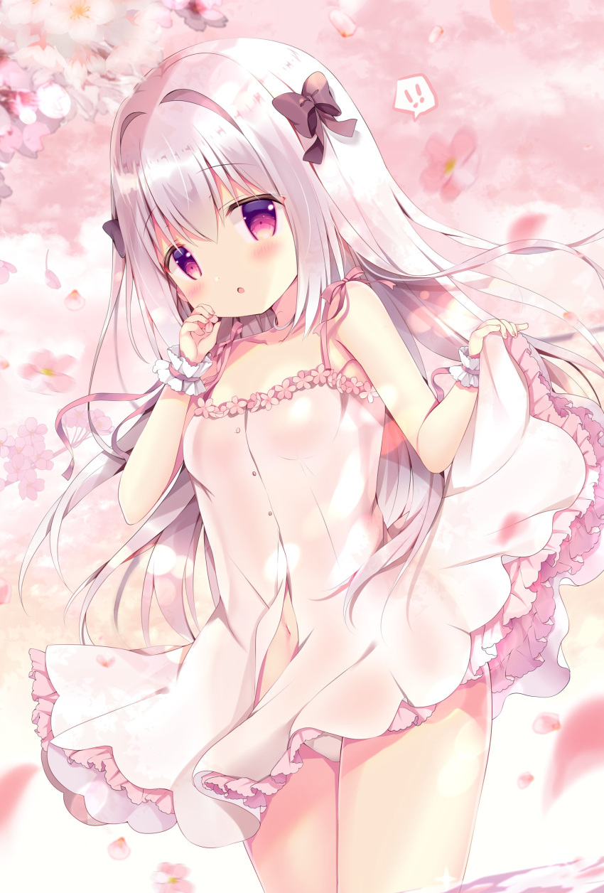 !! 1girl :o absurdres azumi_kazuki bangs bare_shoulders black_bow blush bow breasts commentary_request dress eyebrows_visible_through_hair flower frilled_dress frills hair_between_eyes hair_bow hair_intakes highres long_hair looking_at_viewer navel original parted_lips petals pink_flower red_eyes silver_hair skirt_hold sleeveless sleeveless_dress small_breasts solo standing very_long_hair white_dress white_flower wrist_cuffs
