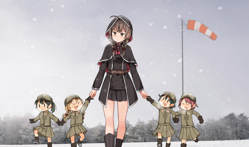 5girls ahoge annin_musou belt black_capelet black_dress boots braid brown_belt brown_eyes brown_footwear brown_hair brown_headwear capelet dress fairy_(kancolle) hair_ribbon hat holding_hands hood hood_up hooded_capelet kantai_collection long_hair long_sleeves military military_uniform multiple_girls outdoors pleated_dress pleated_skirt red_ribbon ribbon shinshuu_maru_(kancolle) short_hair skirt snowing twin_braids uniform walking