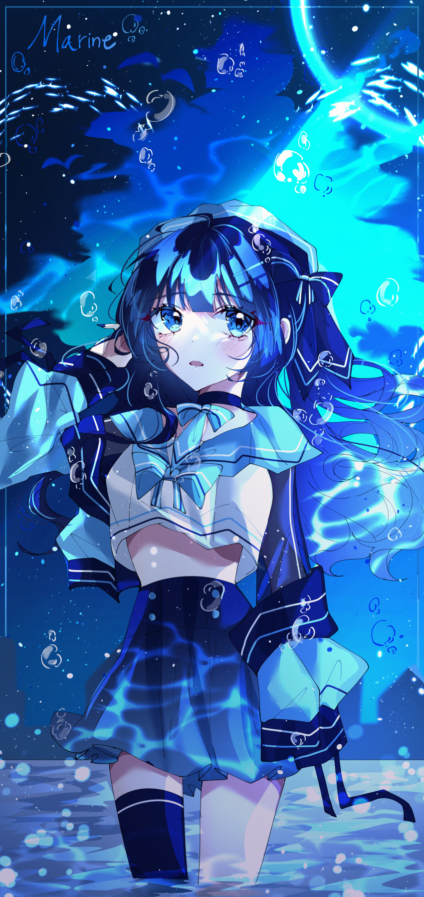 1girl absurdres bangs black_hair blue_bow blue_eyes blue_skirt blush bow eyebrows_visible_through_hair floating_hair hair_bow hand_in_hair highres huge_filesize long_hair looking_up midriff open_mouth original sailor_collar single_thighhigh skirt solo thigh-highs water wine_(2148_wine)