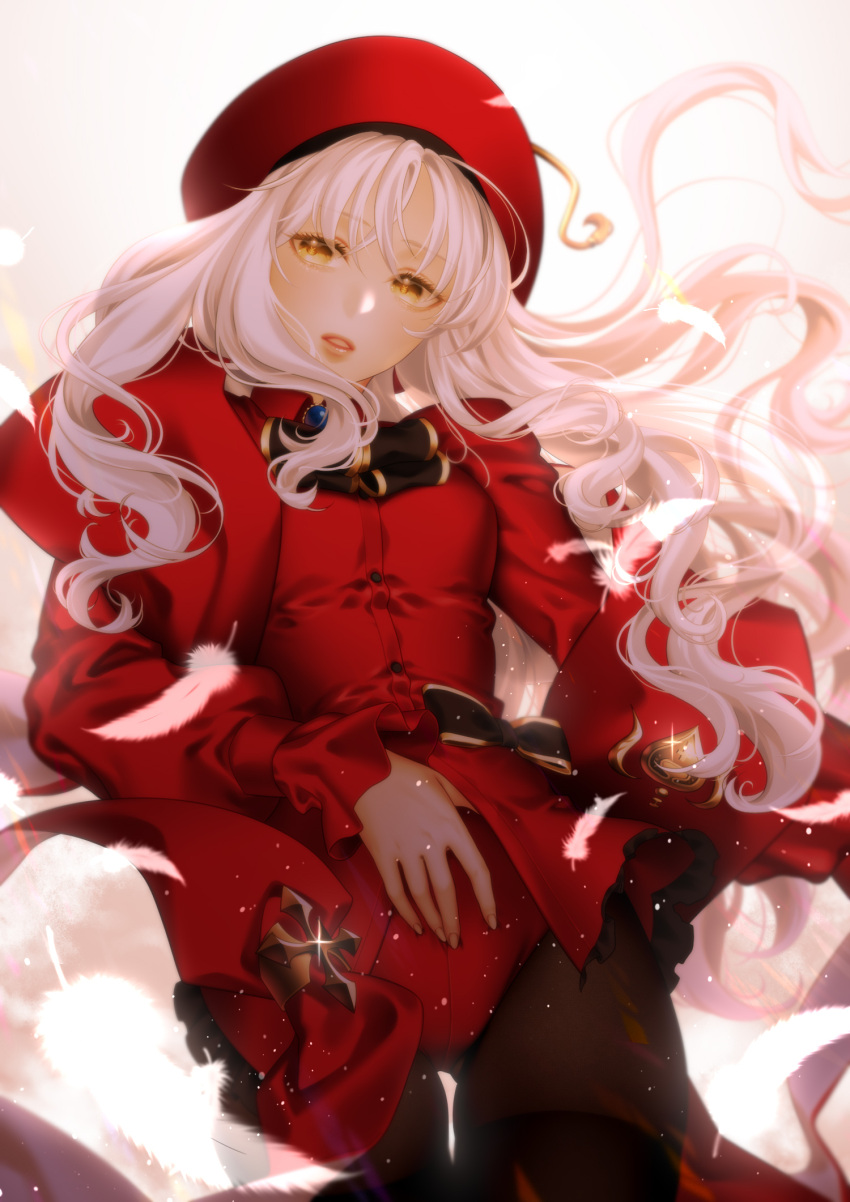 1girl arkray backlighting bangs beret black_legwear breasts brooch caren_hortensia caren_hortensia_(amor_caren) dress fate/grand_order fate_(series) feathers hat highres jewelry long_hair long_sleeves looking_at_viewer medium_breasts neck_ribbon pantyhose parted_lips red_dress red_headwear ribbon shawl thighs wavy_hair white_hair yellow_eyes
