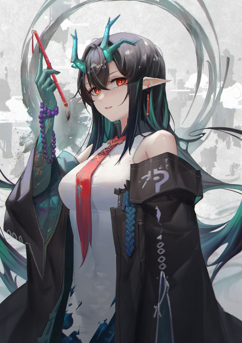 1girl absurdres antles areaaaron arknights black_coat black_hair breasts calligraphy_brush coat colored_skin dusk_(arknights) earrings fingernails green_hair green_skin hair_between_eyes hand_up highres holding jewelry large_breasts long_hair long_sleeves looking_at_viewer necktie off-shoulder_coat open_clothes open_coat paintbrush parted_lips pointy_ears red_eyes red_neckwear shirt sleeveless sleeveless_shirt smile solo white_shirt wide_sleeves