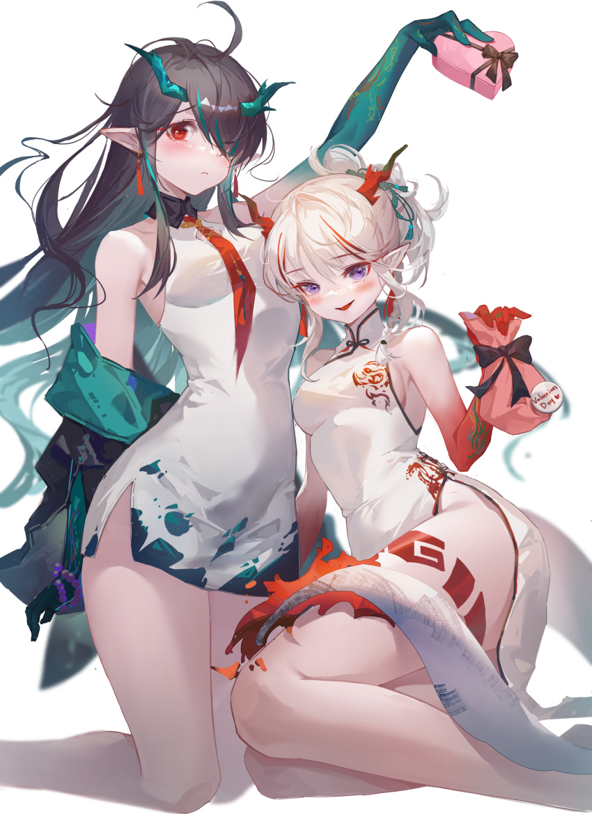 2girls :d absurdres ahoge arknights arm_up bangs bare_shoulders black_hair blush box braid breasts china_dress chinese_clothes closed_mouth commentary_request dress dusk_(arknights) hair_between_eyes hair_ornament hair_over_one_eye hand_up heart-shaped_box highres holding holding_box horns kneeling long_hair looking_at_viewer medium_breasts multicolored_hair multiple_girls nian_(arknights) nian_(unfettered_freedom)_(arknights) off_shoulder open_mouth parted_lips pointy_ears red_eyes redhead siblings silver_hair simple_background sisters sleeveless sleeveless_dress small_breasts smile streaked_hair tail thighs tuzhate violet_eyes white_background white_dress