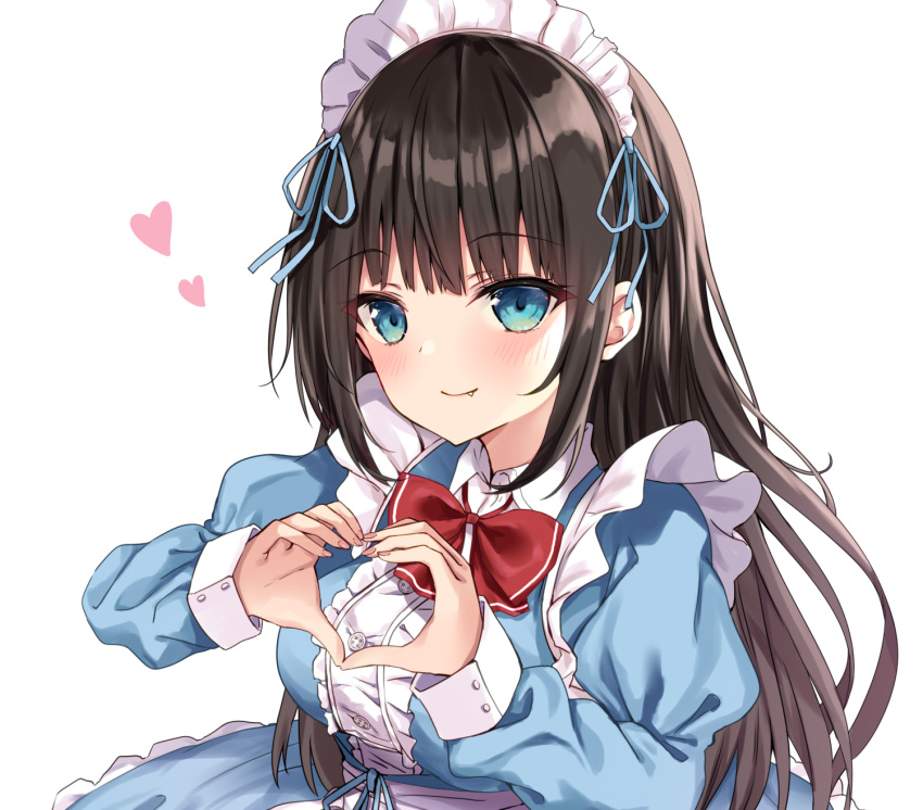 1girl akino_ell bangs blue_dress blue_eyes blush bow breasts brown_hair center_frills closed_mouth commentary_request dress eyebrows_visible_through_hair fang frills hands_up heart heart_hands highres juliet_sleeves long_hair long_sleeves looking_at_viewer maid maid_headdress original puffy_sleeves red_bow red_neckwear simple_background smile solo upper_body white_background
