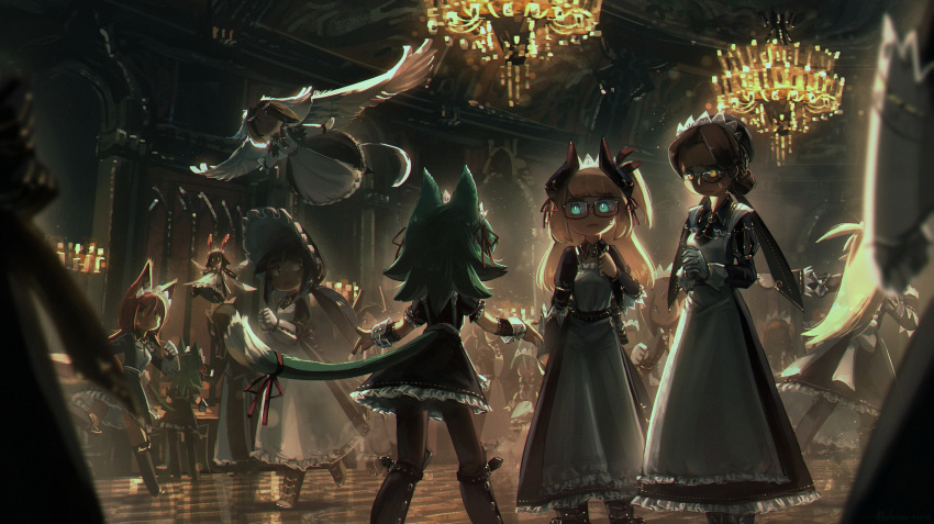 6+girls animal_ears apron blonde_hair blue_eyes brown_hair cat_ears cat_girl cat_tail chandelier feathered_wings flareze_(porforever) flying frills glasses gloves green_hair hair_bun hands_clasped highres indoors long_hair long_skirt long_sleeves maid maid_apron maid_headdress miniskirt multiple_girls original own_hands_together porforever shoes skirt standing tail white_gloves wings yellow_eyes