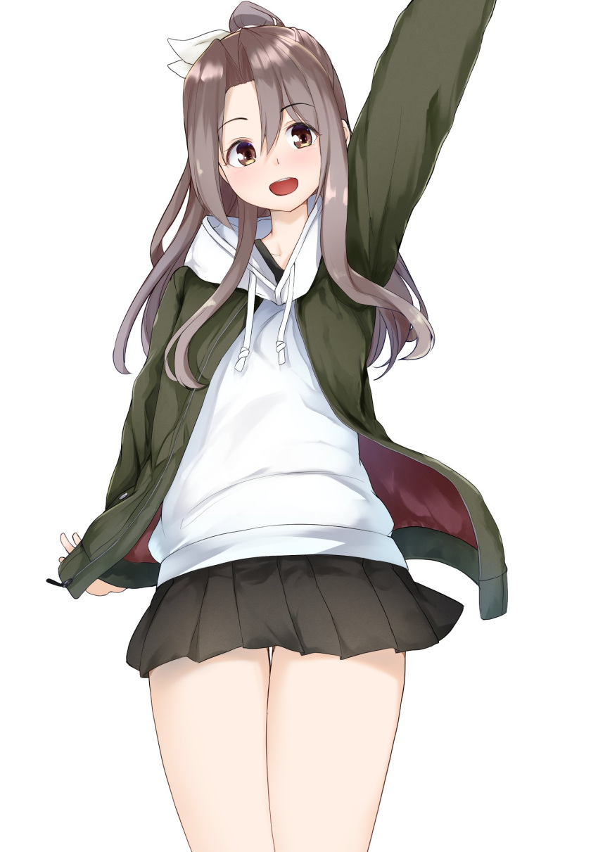 1girl arm_up bangs black_skirt brown_eyes brown_hair casual commentary drawstring grey_jacket hair_ribbon highres hood hood_down hoodie jacket kantai_collection long_hair long_sleeves looking_at_viewer miniskirt open_clothes open_jacket open_mouth parted_bangs ponytail ribbon shirt simple_background skirt smile solo standing white_background white_ribbon white_shirt zarashi zuihou_(kancolle)
