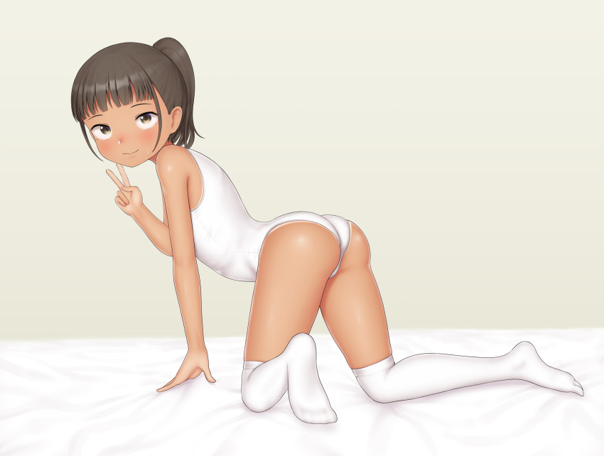 1girl absurdres all_fours ass bangs black_hair blunt_bangs brown_eyes commentary_request dark_skin highres looking_at_viewer original ponytail sc_naru school_swimsuit short_hair solo swimsuit tan thigh-highs v white_legwear white_swimsuit