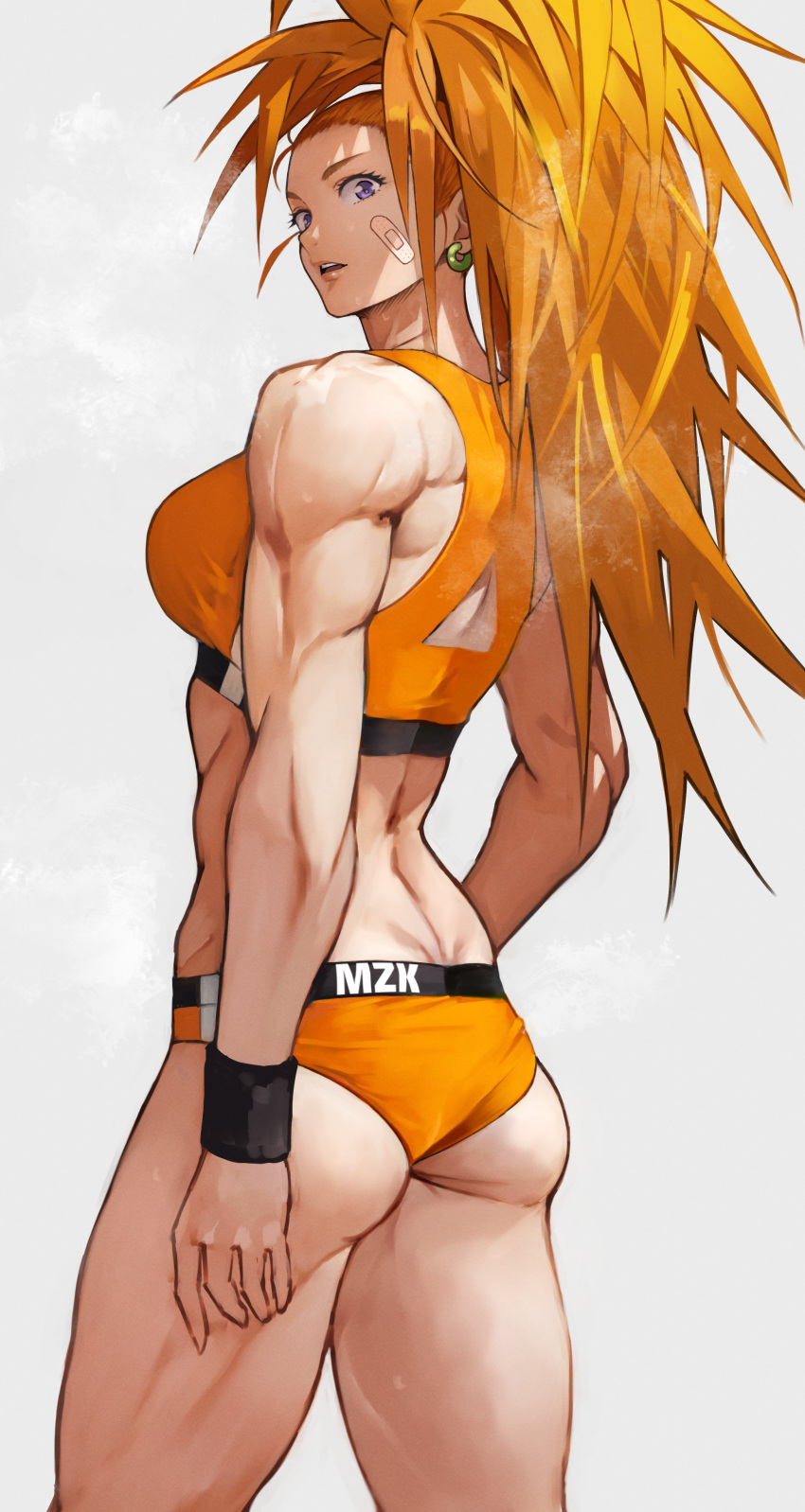 1girl absurdres ass bandaid bandaid_on_face breasts captain_mizuki clothes_writing earrings from_behind grey_background highres jewelry long_hair looking_at_viewer looking_back medium_breasts midriff muscular muscular_female one-punch_man open_mouth orange_hair ponytail simple_background solo standing teeth thighs violet_eyes yoshio_(55level)