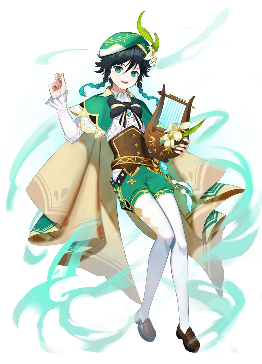 1boy bangs black_hair blue_hair bow braid cape feathers flower frilled_sleeves frills full_body gem genshin_impact gradient_hair green_eyes green_headwear hat hat_flower hat_ornament highres holding holding_instrument instrument jewelry jjw1029 leaf long_sleeves looking_at_viewer lyre male_focus multicolored_hair open_mouth pantyhose pinwheel ribbon shoes simple_background smile solo twin_braids venti_(genshin_impact) vision_(genshin_impact) white_background white_flower white_legwear