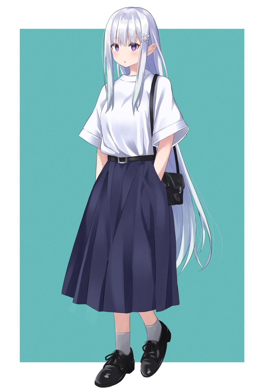 1girl alternate_costume aqua_background bag bangs belt black_bag black_belt black_footwear blue_background braid commentary_request emilia_(re:zero) eyebrows_visible_through_hair full_body green_background grey_legwear hair_ornament hands_in_pockets highres kiona_(giraffe_kiona) long_hair long_skirt looking_at_viewer re:zero_kara_hajimeru_isekai_seikatsu shiny shiny_hair shirt shirt_tucked_in shoes short_sleeves shoulder_bag silver_hair skirt sleeves_past_elbows socks solo standing very_long_hair violet_eyes white_background white_shirt x_hair_ornament