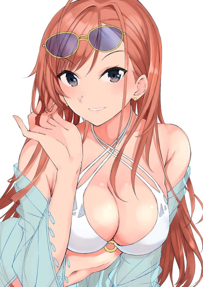 1girl arisugawa_natsuha bikini bikini_top black_eyes blue-tinted_eyewear brown_hair collarbone criss-cross_halter earrings eyewear_on_head floating_hair grin halterneck highres idolmaster idolmaster_shiny_colors jewelry long_hair looking_at_viewer navel o-ring o-ring_bikini shiny shiny_hair simple_background smile solo sunglasses suzumo70 swimsuit upper_body very_long_hair white_background white_bikini yellow-framed_eyewear