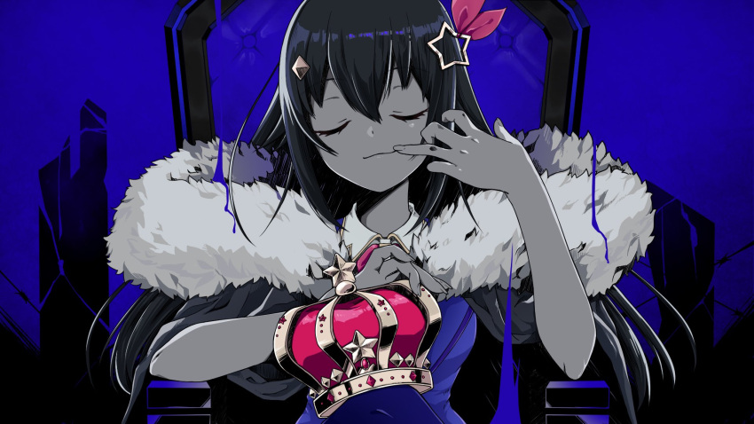 1girl bangs barbed_wire blue_background blue_theme chair closed_eyes coat commentary_request crown crown_removed facing_viewer finger_to_mouth fur-trimmed_coat fur_trim grin hair_ornament hairclip highres holding holding_crown hololive king_(vocaloid) long_hair official_art second-party_source smile solo teeth throne tokino_sora tsuuchan virtual_youtuber