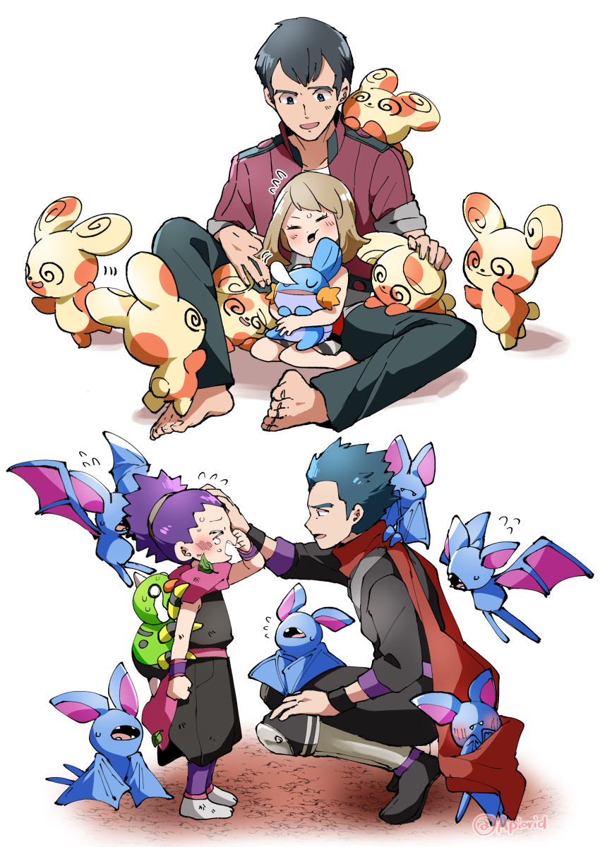 &gt;_&lt; 2boys 2girls absurdres akanboh bangs barefoot black_hair blush closed_eyes commentary_request eyelashes father_and_daughter flying_sweatdrops gen_1_pokemon gen_2_pokemon gen_3_pokemon highres jacket janine_(pokemon) koga_(pokemon) light_brown_hair may_(pokemon) mudkip multiple_boys multiple_girls norman_(pokemon) open_mouth pants pokemon pokemon_(creature) pokemon_(game) pokemon_hgss pokemon_oras purple_hair red_shirt shirt short_hair spinarak spinda spread_legs squatting standing starter_pokemon sweat tearing_up tied_hair toes wristband zubat