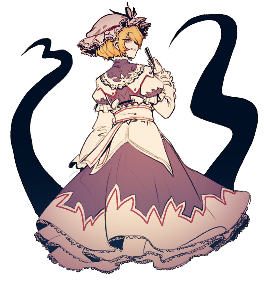 1girl adapted_costume blonde_hair dress frilled_dress frilled_hat frills from_behind full_body gap_(touhou) hat highres long_sleeves looking_at_viewer looking_back mob_cap parted_lips pigeoncrow puffy_short_sleeves puffy_sleeves ribbon short_hair short_over_long_sleeves short_sleeves smile solo touhou yakumo_yukari yellow_eyes