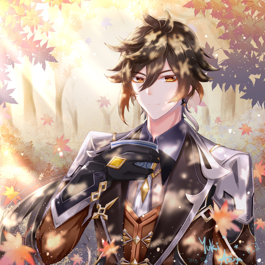 1boy absurdres bangs black_gloves black_hair blurry blurry_background brown_hair closed_mouth collared_shirt cup dimazu earrings eyebrows_visible_through_hair formal genshin_impact gloves gradient_hair hair_between_eyes highres holding holding_cup jacket jewelry leaf long_hair long_sleeves looking_at_viewer male_focus multicolored_hair necktie shirt single_earring smile solo suit tassel tassel_earrings teacup tree yellow_eyes zhongli_(genshin_impact)