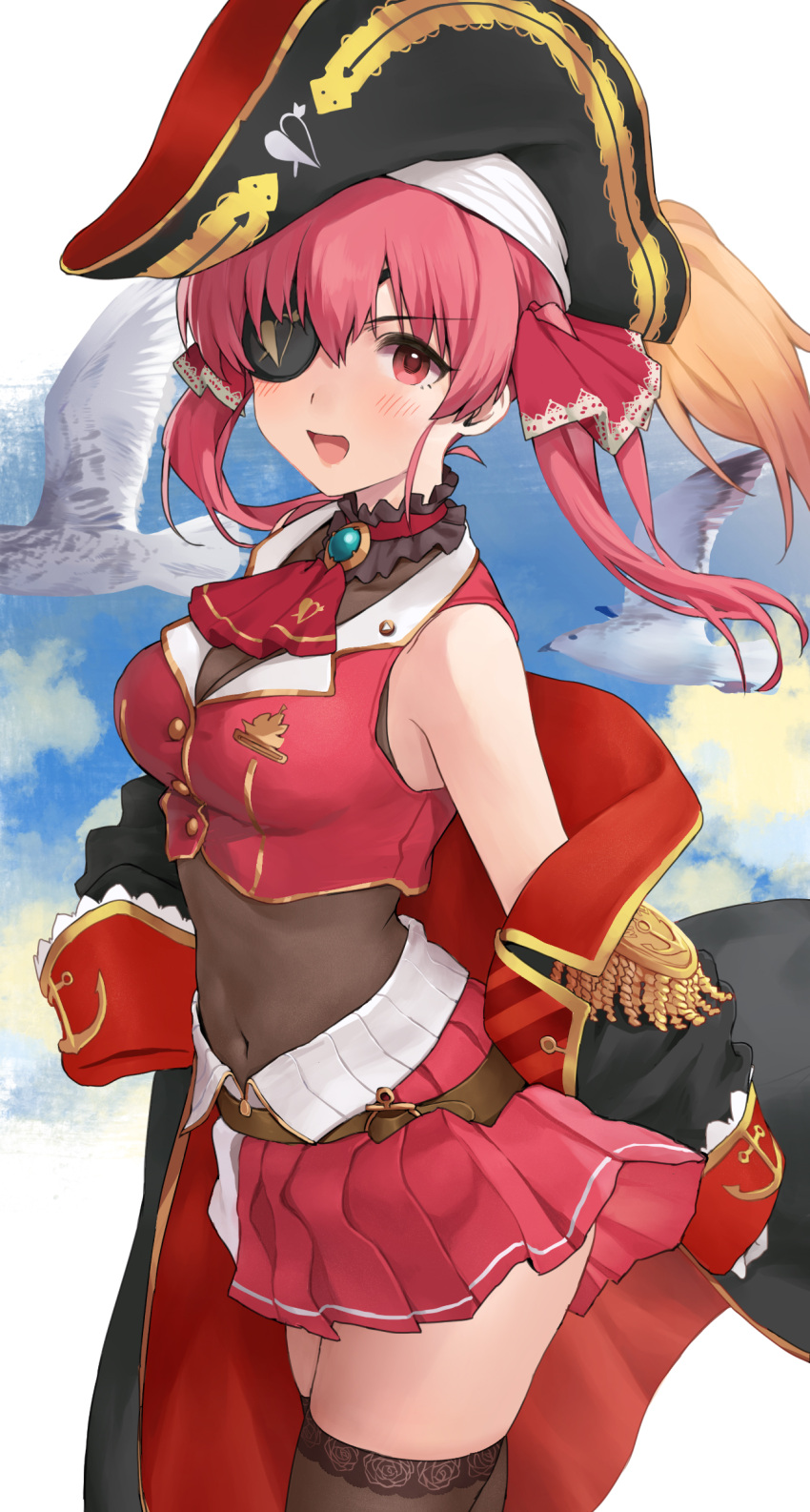 1girl absurdres ascot bird black_headwear bodysuit_under_clothes breasts brown_bodysuit brown_legwear commentary_request covered_navel epaulettes eyebrows_visible_through_hair eyepatch hair_ribbon hat highres hololive houshou_marine kirarin369 looking_at_viewer open_mouth pirate_hat pleated_skirt red_eyes red_neckwear red_ribbon red_skirt redhead ribbon short_hair skirt solo thigh-highs thighs twintails zettai_ryouiki