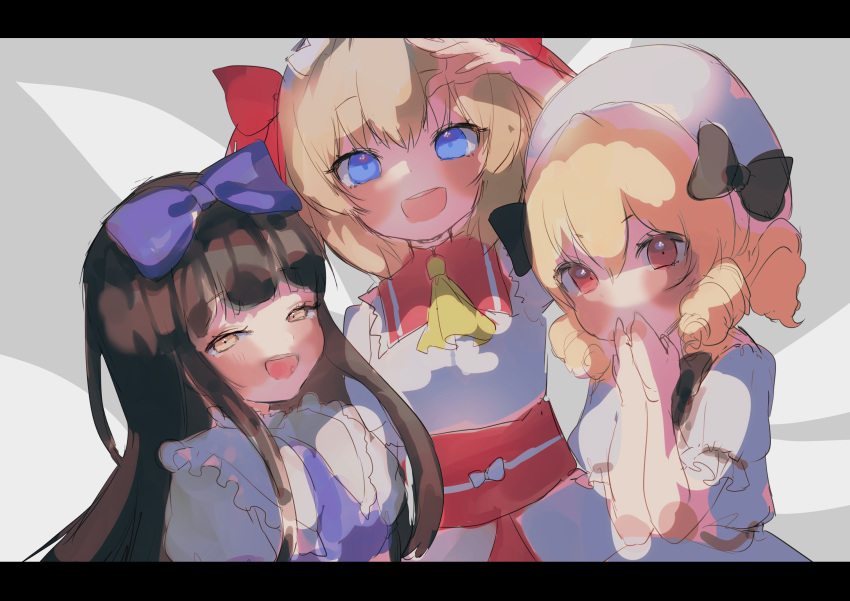 3girls :d absurdres ascot bangs beret black_bow blonde_hair blue_bow blue_dress blue_eyes blunt_bangs blush bow breasts brown_hair commentary_request covering_mouth dress drill_hair eyebrows_visible_through_hair fairy_wings frilled_shirt_collar frills grey_background hair_between_eyes hair_bow half-closed_eyes hand_on_forehead hand_up hat hat_bow highres letterboxed long_hair looking_at_viewer luna_child maid_headdress multiple_girls open_mouth puffy_short_sleeves puffy_sleeves red_bow red_eyes short_hair short_sleeves simple_background sketch small_breasts smile star_sapphire sunny_milk tamago_tyoko_(ijen0703) touhou twin_drills two_side_up upper_body white_dress white_headwear wings yellow_eyes yellow_neckwear