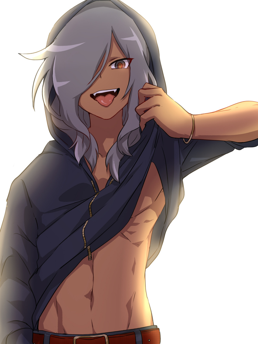 1boy bangs bracelet clothes_lift dark_skin dark_skinned_male grey_hair hair_over_one_eye haizaki_ryouhei highres inazuma_eleven inazuma_eleven_(series) jewelry lifted_by_self long_hair looking_at_viewer male_focus naughty_face open_mouth red_eyes shiroabe shirt shirt_lift simple_background smile toned toned_male tongue tongue_out white_background