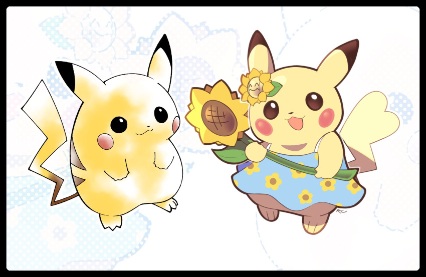 :3 :d artsy-rc black_border blue_dress border clothed_pokemon dress floral_print flower gen_1_pokemon gen_2_pokemon highres holding holding_flower looking_at_viewer no_humans open_mouth pikachu pokemon pokemon_(creature) print_dress signature smile sunflora sunflower zoom_layer