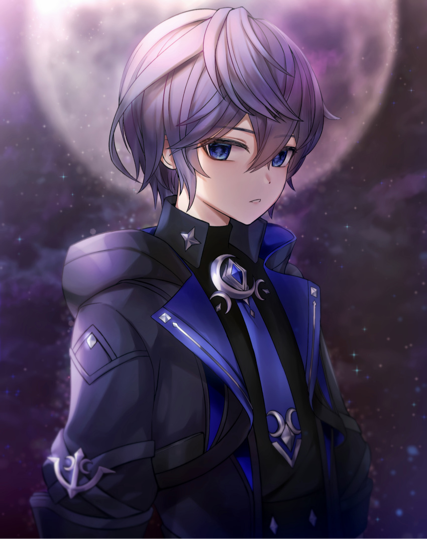 1boy bindong black_coat blue_eyes brooch coat crescent elsword empty_eyes expressionless full_moon highres jewelry looking_at_viewer male_focus messy_hair moon necktie noah_(elsword) purple_hair purple_neckwear solo upper_body