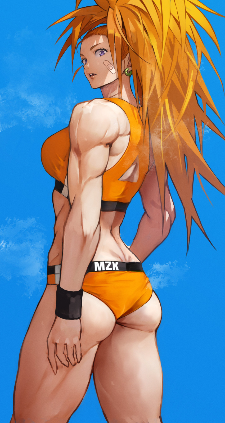 1girl absurdres ass bandaid bandaid_on_face blue_sky breasts captain_mizuki clothes_writing clouds day earrings from_behind highres jewelry long_hair looking_at_viewer looking_back medium_breasts midriff muscular muscular_female one-punch_man open_mouth orange_hair ponytail revision sky solo standing teeth thighs violet_eyes yoshio_(55level)