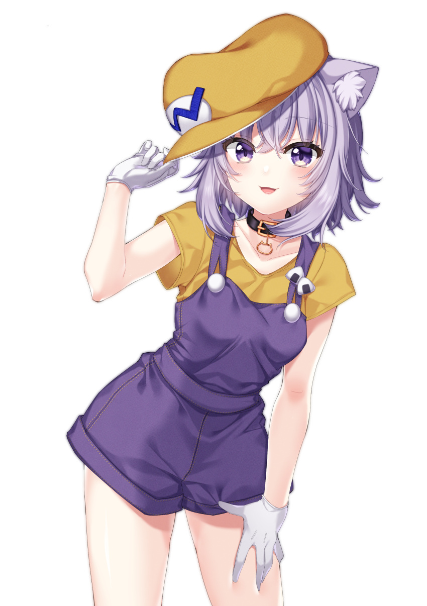 1girl absurdres animal_ear_fluff animal_ears cat_ears cosplay gloves hand_on_own_thigh hat highres hololive looking_at_viewer nekomata_okayu open_mouth overalls purple_hair shirt short_hair short_sleeves simple_background smile solo takashina_taaa thighs violet_eyes virtual_youtuber wario wario_(cosplay) warioware white_background white_gloves yellow_headwear yellow_shirt