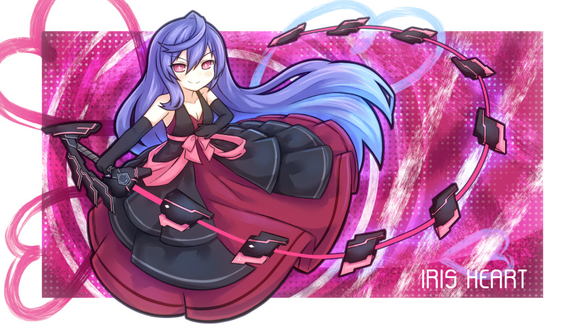 1girl alternate_costume blue_hair blush breasts character_name collarbone eyebrows_visible_through_hair hair_between_eyes highres holding holding_weapon iris_heart kami_jigen_game_neptune_v large_breasts long_hair neptune_(series) novus_rue pink_eyes power_symbol smile solo symbol-shaped_pupils weapon