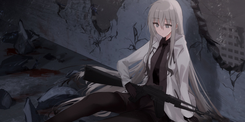 1girl an-94 assault_rifle black_gloves black_legwear black_neckwear black_shirt black_shorts blood borrowed_character building closed_mouth collared_shirt damaged drawstring ear_piercing earrings feet_out_of_frame gloves grey_eyes grey_hair gun highres holding holding_gun holding_weapon jacket jewelry kinona legwear_under_shorts long_hair long_sleeves necktie open_clothes open_jacket original pantyhose piercing rifle ruins shirt short_shorts shorts sitting solo stud_earrings very_long_hair wall weapon white_jacket zoya_petrovna_vecheslova