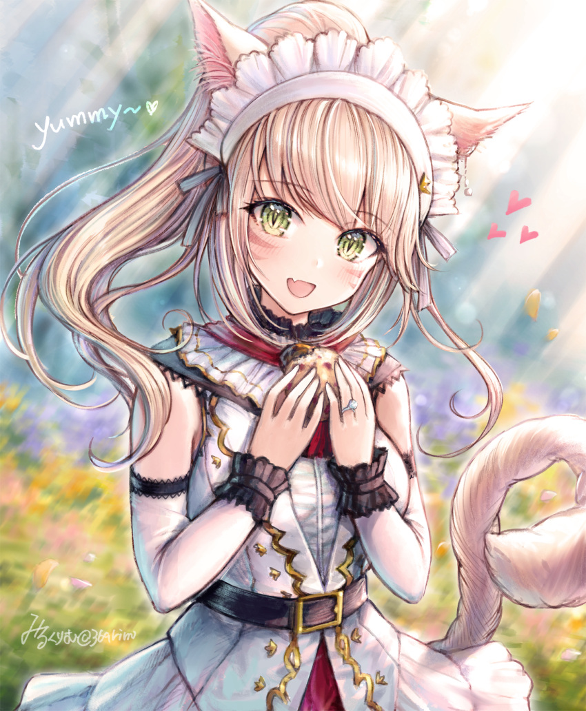 1girl animal_ears bangs blonde_hair blurry blurry_background blush cat_ears cat_tail commission detached_sleeves eyebrows_visible_through_hair facial_mark fang final_fantasy final_fantasy_xiv food green_eyes highres jewelry looking_at_viewer miqo'te mirukurim open_mouth ponytail ring skin_fang slit_pupils solo tail upper_body whisker_markings