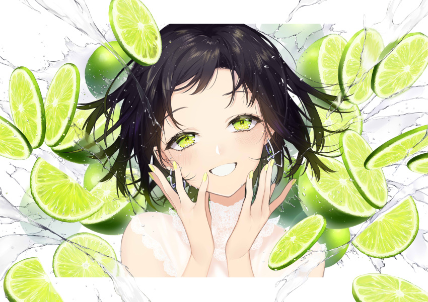 1girl :d absurdres bad_id bad_twitter_id blush dress earrings fingernails food fruit green_eyes hands_up head_tilt highres jewelry letterboxed lime_(fruit) looking_at_viewer medium_hair nail_polish open_mouth original smile sogawa solo water white_dress yellow_nails