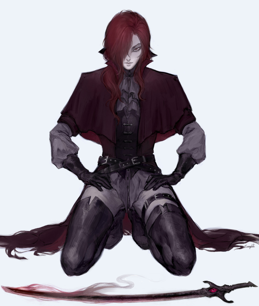 1boy belt black_footwear boots capelet coat cravat hair_over_one_eye highres kneeling long_hair looking_at_viewer male_focus nat_the_lich original pale_skin pants red_eyes redhead renard_beauchene_(nat_the_lich) solo sword thigh-highs thigh_boots weapon white_pants