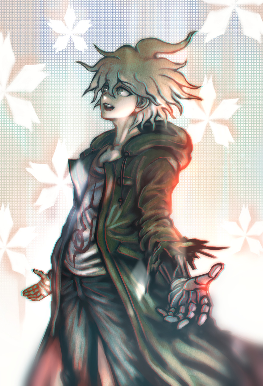 1boy :d absurdres bangs coat collarbone commentary_request dangan_ronpa_(series) dangan_ronpa_2:_goodbye_despair dgrp_(minhduc12333) feet_out_of_frame green_coat grey_hair grey_shirt hair_between_eyes highres hood hood_down hooded_coat jacket komaeda_nagito long_sleeves looking_up male_focus medium_hair messy_hair open_clothes open_mouth pants print_shirt shirt short_hair smile solo torn_clothes torn_coat upper_teeth