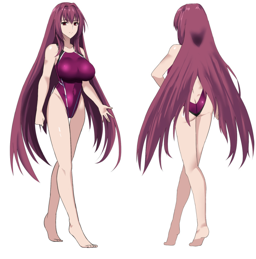 1girl ass breasts commentary_request competition_swimsuit fate/grand_order fate_(series) from_behind full_body highleg highleg_swimsuit highres large_breasts long_hair looking_at_viewer multiple_views one-piece_swimsuit purple_hair purple_swimsuit red_eyes scathach_(fate) scathach_(fate)_(all) standing swimsuit takara_joney thigh_gap very_long_hair white_background