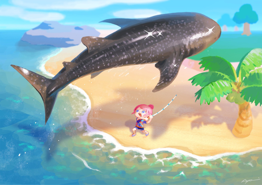 1girl animal_crossing ayumi_(830890) beach blue_eyes clouds coconut coconut_tree day fishing fishing_rod hair_bun highres open_mouth outdoors palm_tree pink_hair sandals shadow shirt shorts signature sky sparkle standing tree villager_(animal_crossing) water whale_shark