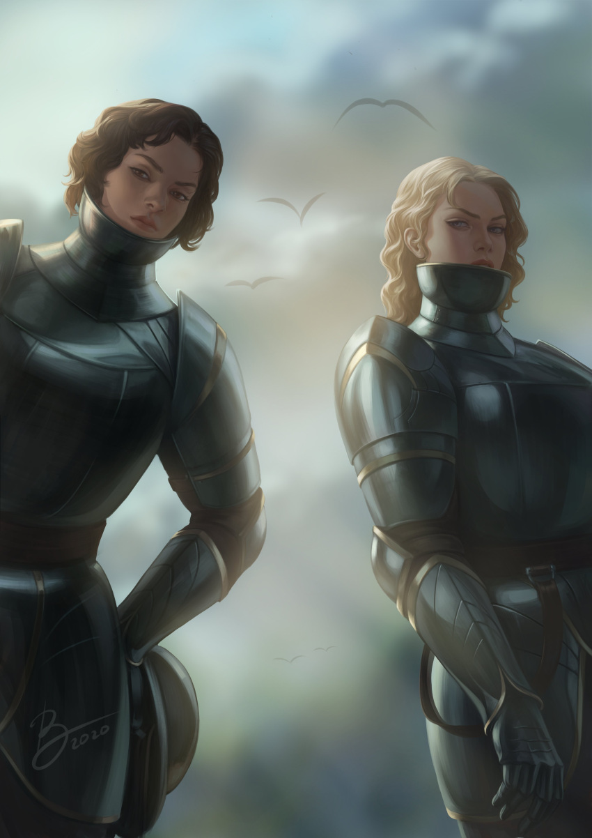 2girls absurdres bird blonde_hair brown_hair character_request clouds cloudy_sky copyright_request highres long_hair multiple_girls plate_armor realistic short_hair sky valentina_feshina