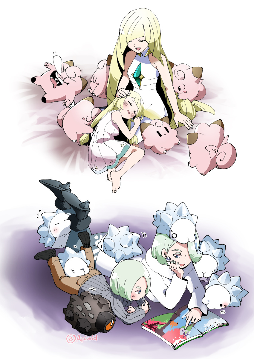 1boy 3girls absurdres akanboh artist_name bangs bare_arms barefoot black_footwear blonde_hair blush book boots brown_pants character_doll clefairy closed_eyes commentary_request dress earrings gen_1_pokemon gen_8_pokemon green_hair grey_sweater highres jewelry lillie_(pokemon) long_hair long_sleeves lusamine_(pokemon) lying mother_and_daughter mother_and_son multiple_girls nail_polish o_o on_head on_stomach pants pokemon pokemon_(creature) pokemon_(game) pokemon_on_head pokemon_sm pokemon_swsh ribbed_legwear ribbed_sweater rolycoly sleeping snom socks sweatdrop sweater toes white_dress