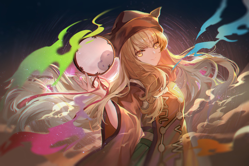 1girl bangs black_headwear blonde_hair commentary_request constellation_print drum elise_(piclic) green_skirt hand_up hat highres instrument long_hair long_sleeves looking_at_viewer matara_okina mixed-language_commentary skirt smile solo star_(sky) star_(symbol) star_in_eye symbol_in_eye tabard touhou upper_body wide_sleeves yellow_eyes