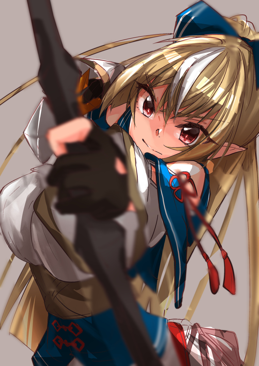 1girl absurdres aiming_at_viewer arrow_(projectile) black_gloves blonde_hair blurry blurry_foreground bow_(weapon) breasts dark_elf dark_skin dark-skinned_female detached_sleeves dress elf expressionless fingerless_gloves foreshortening gloves grey_background hair_between_eyes highres hololive hololive_alternative kionaisiteru large_breasts layered_dress leaning_to_the_side long_hair looking_at_viewer multicolored_hair pointy_ears ponytail red_eyes shiranui_flare simple_background solo streaked_hair underbust very_long_hair weapon