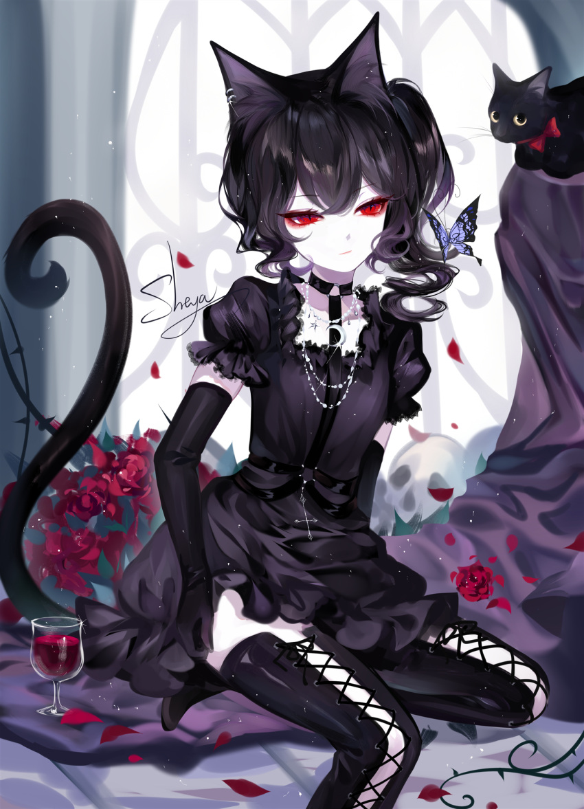 1girl alcohol animal_ears artist_name black_cat black_choker black_dress black_gloves black_hair black_legwear bug butterfly cat cat_ears choker cup dress drinking_glass elbow_gloves gloves highres insect jewelry medium_hair necklace original petals puffy_short_sleeves puffy_sleeves red_eyes sheya short_sleeves signature sitting solo thigh-highs wine wine_glass