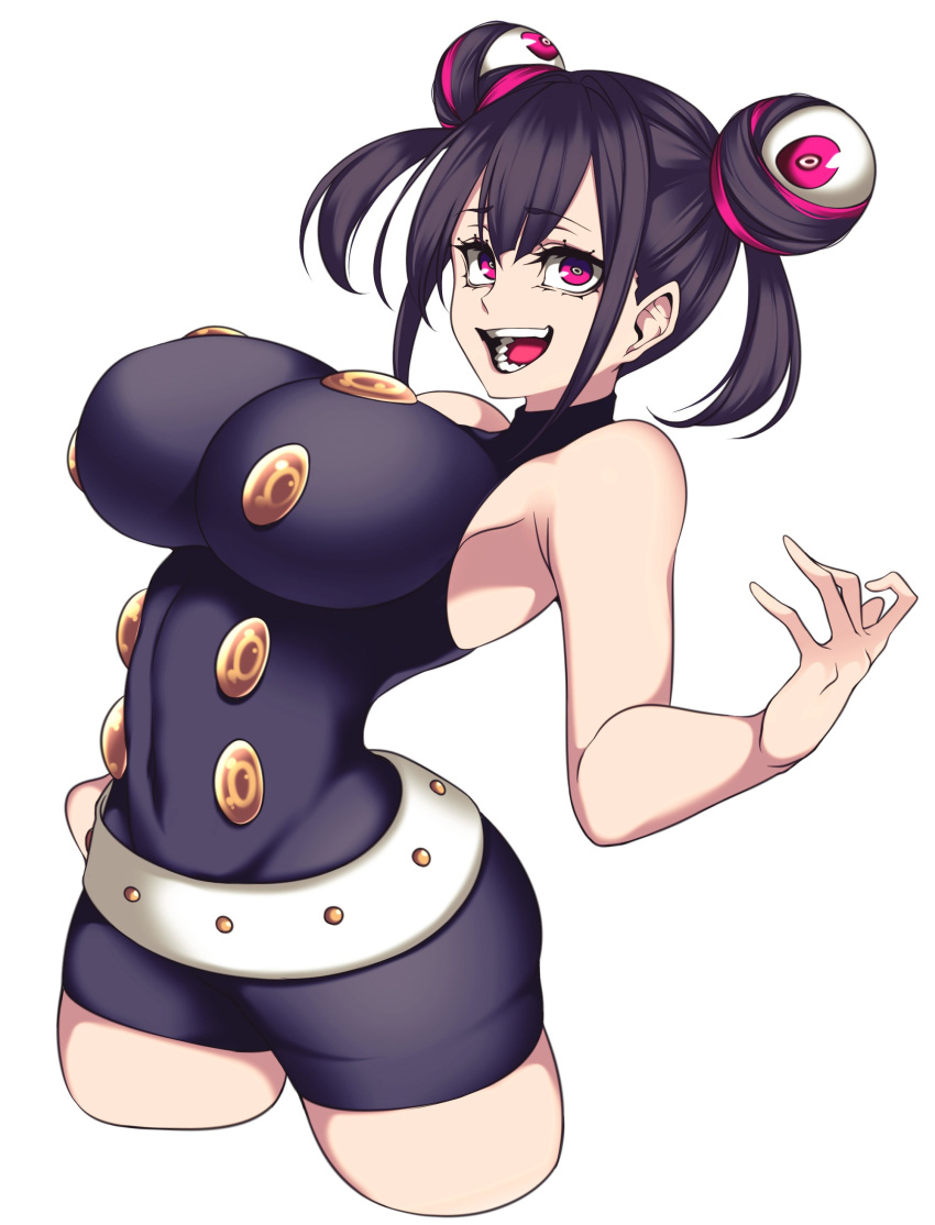 1girl :d absurdres belt black_hair breasts camui_kamui cropped_legs double_bun eyebrows eyebrows_visible_through_hair gesugao hair_bun highres huge_breasts mao_(camui_kamui) multicolored_hair open_mouth original outstretched_hand pink_eyes pink_hair sleeveless smile streaked_hair white_background white_belt