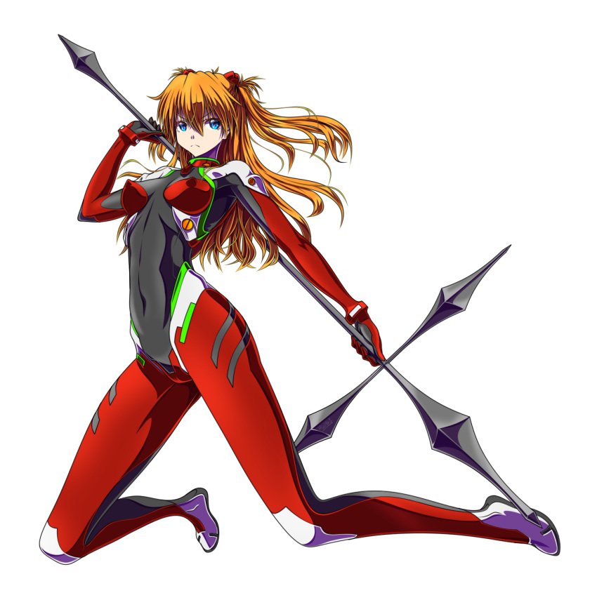 1girl blue_eyes covered_navel covered_nipples eyebrows_behind_hair frown heyzan highres holding holding_lance holding_polearm holding_weapon lance long_hair looking_to_the_side neon_genesis_evangelion orange_hair pilot_suit plugsuit polearm rebuild_of_evangelion shikinami_asuka_langley skin_tight solo souryuu_asuka_langley two_side_up v-shaped_eyebrows weapon