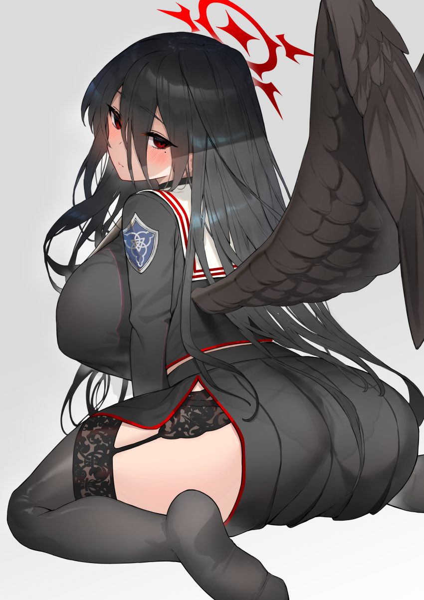1girl absurdres ass black_hair black_legwear black_shirt black_skirt blue_archive blush breasts choker closed_mouth garter_belt garter_straps grey_background halo hasumi_(blue_archive) highres kneeling large_breasts logo long_hair long_sleeves looking_at_viewer looking_back mole mole_under_eye pyz_(cath_x_tech) red_eyes school_uniform shirt simple_background skirt solo thigh-highs uniform wings
