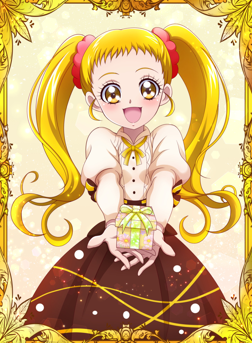 1girl :d blonde_hair blush border bow bow_shirt box brown_bow brown_skirt commentary_request foreshortening framed gift gift_box gift_wrapping gradient gradient_background hanzou highres holding holding_gift juliet_sleeves kasugano_urara_(yes!_precure_5) light_particles long_hair long_skirt long_sleeves looking_at_viewer multicolored multicolored_background multicolored_bow open_mouth pink_background precure puffy_long_sleeves puffy_sleeves ribbon shiny shiny_skin shirt skirt smile solo twintails upper_body valentine white_shirt yellow_background yellow_bow yellow_eyes yellow_ribbon yes!_precure_5