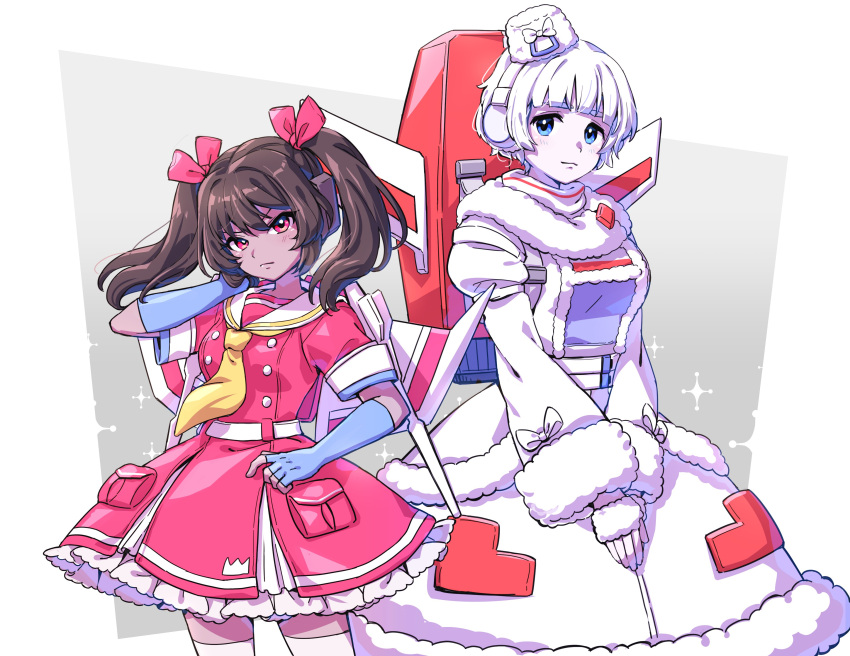 2girls absurdres autobot backpack bag bangs black_hair bow breasts decepticon dress floating_hair fur_trim genderswap genderswap_(mtf) hair_bow hat headphones highres jetfire kyarara_renan looking_at_viewer medium_breasts multiple_girls personification pink_bow red_dress sailor_collar short_hair starscream symbol_commentary transformers twintails v-shaped_eyebrows white_dress white_hair white_headwear