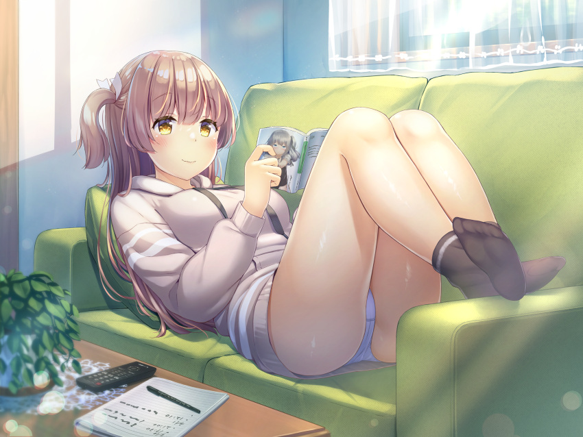 1girl ass bangs beige_sweater black_footwear book breasts brown_hair closed_mouth coffee_table commentary_request controller couch curtains day doily eyebrows_visible_through_hair feet_together hair_ribbon hanabe_(airutu0830_1) highres holding holding_book holding_manga indoors knees_up large_breasts leaf legs_up long_hair lying manga_(object) notebook on_couch original panties pen plant potted_plant reading remote_control ribbon shiny shiny_skin side_ponytail sidelocks smile socks solo sunlight sweater thighs underwear white_panties window yellow_eyes