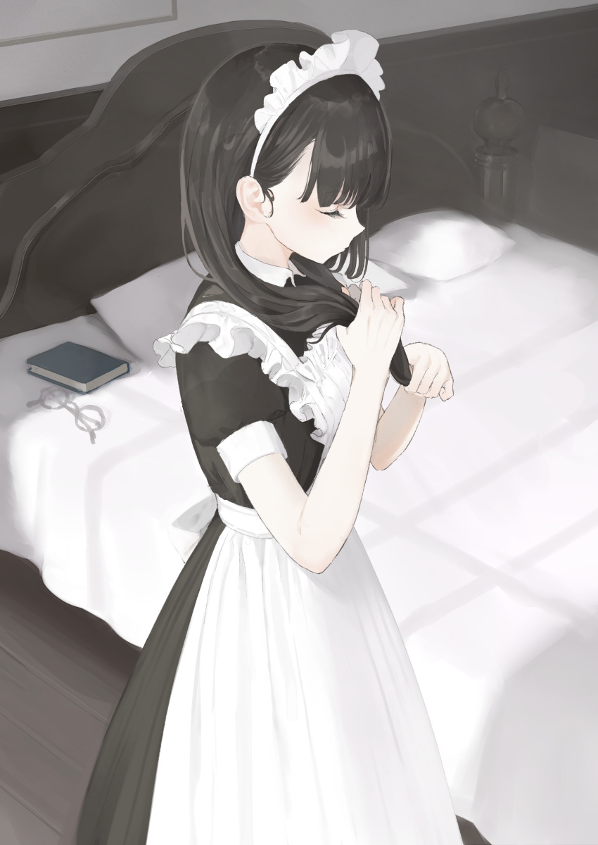 1girl absurdres apron bangs bed black_dress black_hair book closed_eyes closed_mouth collared_dress commentary_request dress eyebrows_visible_through_hair eyewear_removed glasses grey-framed_eyewear highres holding holding_hair indoors long_hair maid maid_apron maid_headdress original pillow puffy_short_sleeves puffy_sleeves shii_(kairi-t-k0317) short_sleeves solo standing